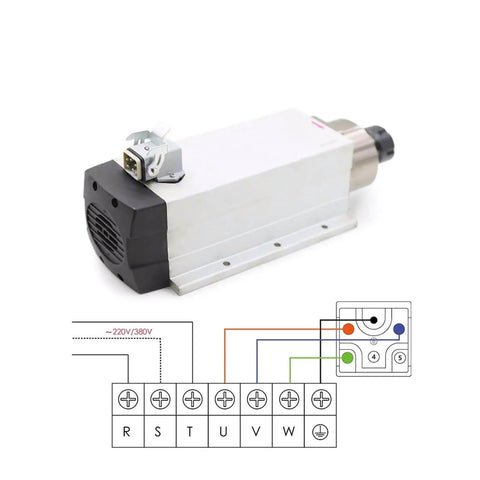 Beefy 4KW ER25 Air Cooled Spindle Motor 220V 380V for Woodworking, square ceramic bearings, wiring diagram, CNC ready, front side view