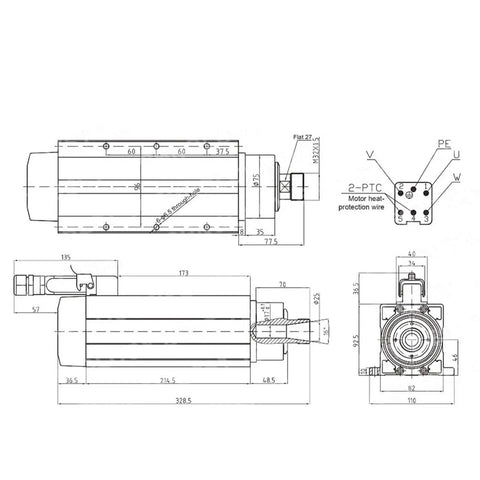 Technical drawing of Beefy 4KW ER25 Air Cooled Spindle Motor 220V 380V for woodworking, showing dimensions and connection details.