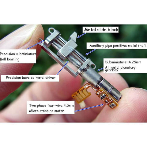 Close-up of Mini Micro 4mm 5V 2-Phase 4-Wire Precision Planetary Gearbox Gear Stepper Motor with metal slider nut in hand