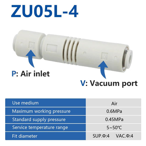 4mm Push In Vacuum Ejector Fitting One Touch Tube Type Pneumatic Connector For 4mm OD Tubing Straight Vacuum Generator ZU05L