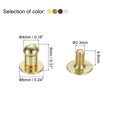 4mm Ball Head Button Rivets With Screw Back For Leather Craft DIY Handbag Belt 100 Pack In Four Colors with size details