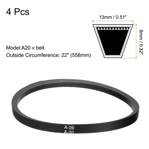 A20 v belt, 22 inch circumference, shown in a 4-pack with dimensions labeled, ideal for various applications.