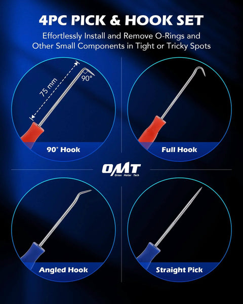 4-piece pick and hook set for use with 826 Piece Nitrile Rubber O Ring Set In 32 SAE And Metric Sizes For Automotive And Plumbing Repairs