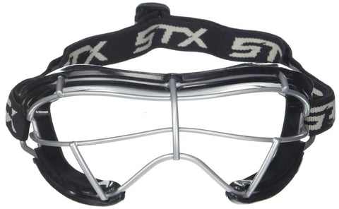 Front view of 4Sight Plus S Adult Lacrosse Goggles With Silicone Padding SEI Certified, featuring oval wire design and black strap.