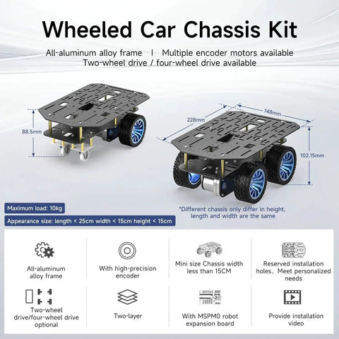 Diagram of 4WD Smart Chassis Car Kit with aluminum frame, encoder motors, and wheels, black, showing dimensions and features.