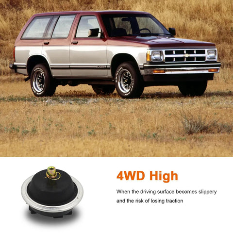 BeamingAuto 4WD differential vacuum actuator and a tan Chevy Blazer SUV in a dry field