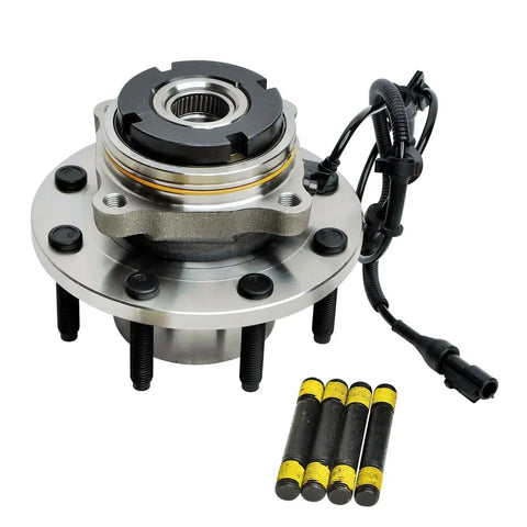 4WD Front Wheel Bearing Hub Assembly For 1999 To 2004 Ford F250 F350 Super Duty And 2000 To 2002 Ford Excursion With Coarse Thread ABS Compatible 4X4 Only Wheel Hub Replacement Designed For Heavy Duty Trucks And Daily Use close-up with sensor wire