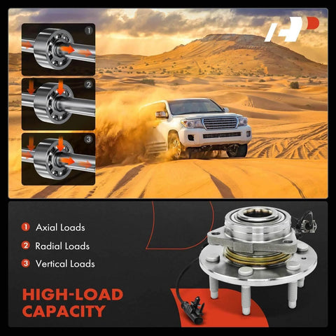 2 Pack Front Wheel Bearing Hub Assembly for 4WD Chevy Silverado with ABS, shown in high-load capacity diagram and desert setting