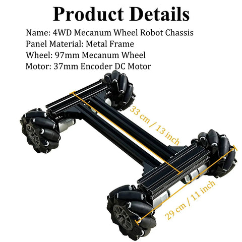 Image of 4WD Mecanum Wheel Robot Car Chassis Kit With Smart Remote Control And Metal Chassis, showcasing the metal frame and wheels.