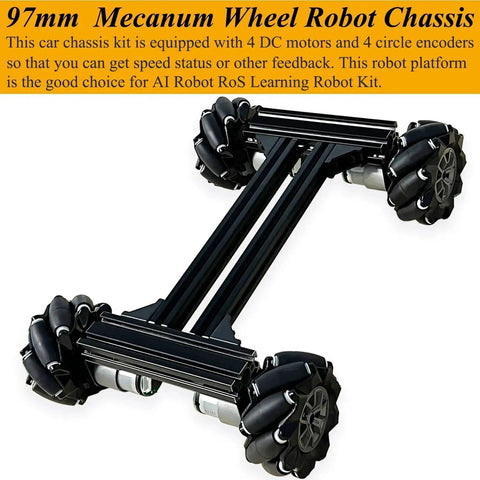 4WD Mecanum Wheel Robot Car Chassis Kit With Smart Remote Control and metal chassis, highlighting DC encoder motors and omnidirectional wheels