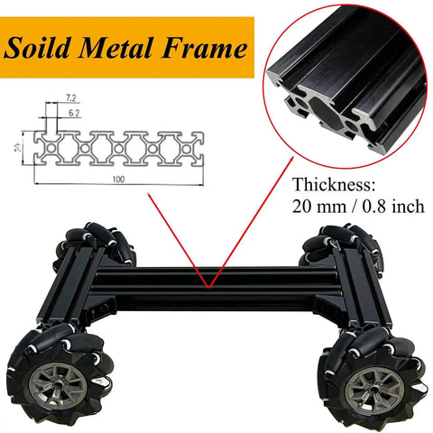 4WD Mecanum Wheel Robot Car Chassis Kit with metal frame and omnidirectional wheels, showcasing thickness and design.