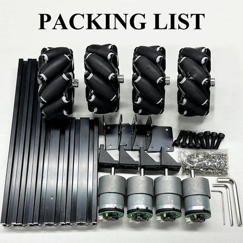4WD Mecanum Wheel Robot Car Chassis Kit components, including wheels, motors, and metal frame for Arduino Raspberry Pi Microbit projects.