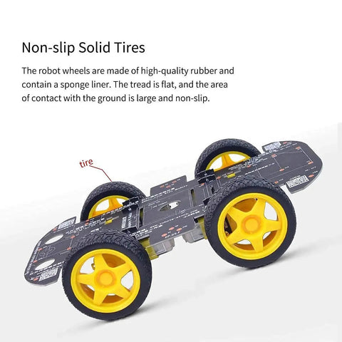 4WD Robot Car Chassis Kit With 4 TT Motors showing sturdy PCB frame, yellow durable rubber wheels, and sponge inserts for DIY projects