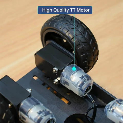 Close-up of a TT motor with the anti-skid tire on the 4WD Smart Chassis Car Kit With Aluminum Alloy Chassis And TT DC Motors 66mm Wheels