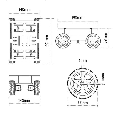Technical diagram of 4WD Smart Chassis Car Kit With Aluminum Alloy Chassis And TT DC Motors 66mm Wheels Robotic Moving Platform Black Unassembled DIY