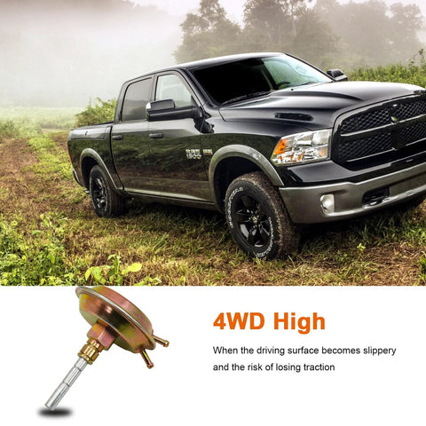 BEAMINGAUTO 4WD front-axle vacuum shift actuator; brass-tone metal component beside a black Dodge Ram pickup