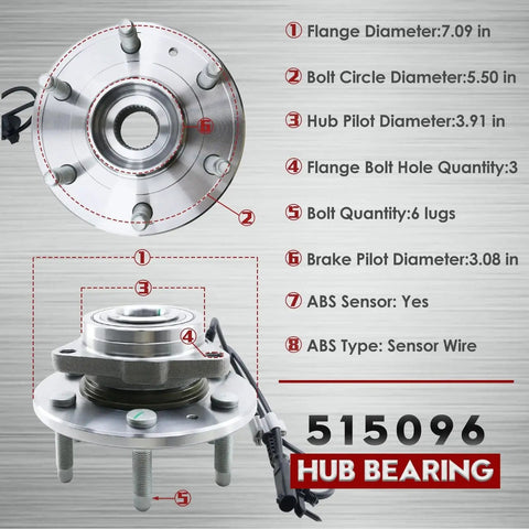 4WD Front Wheel Bearing And Hub Assembly For 2007-2014 Silverado 1500 Tahoe Suburban 1500 Avalanche Sierra 1500 Yukon XL 1500 And Cadillac Escalade Escalade ESV EXT With ABS Left Or Right 6 Lug in detailed view showing dimensions and ABS sensor.