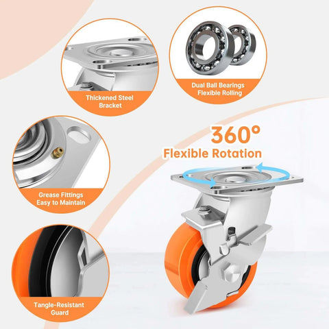 4 x 2 inch heavy duty industrial caster set of 4 with polyurethane wheels, including 2 casters with brakes and 2 rigid casters.