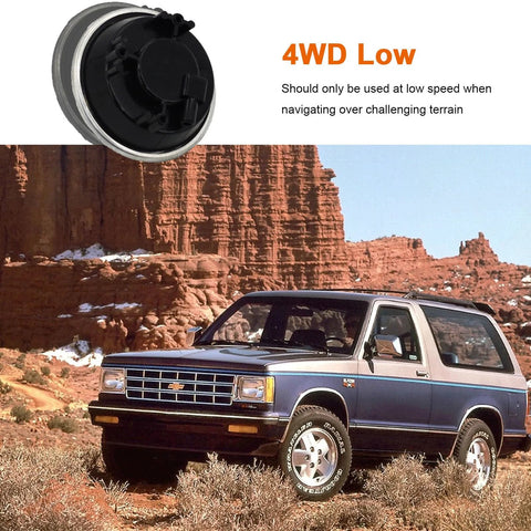 BEAMINGAUTO 4-WD differential vacuum actuator, black plastic with metal rim; blue Chevy Blazer in desert background