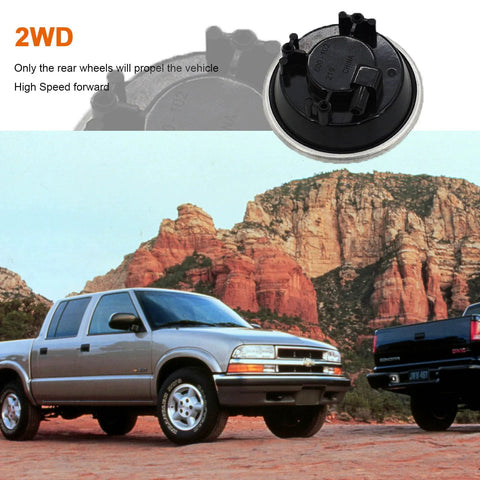 4WD differential vacuum actuator; close-up black unit with two pickup trucks in desert background
