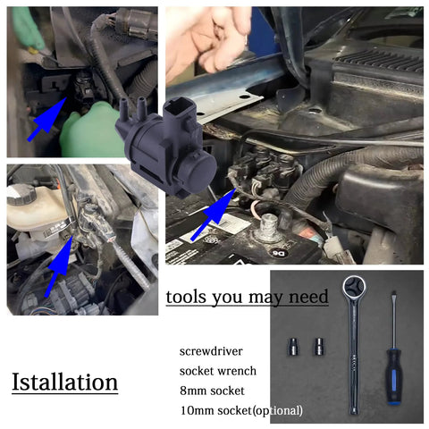 Amazon JCCGLOBAL 4x4 hub lock actuator with 13mm connector; engine bay views and install tools collage.