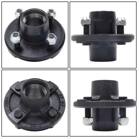 4 On 4 Inch Trailer Hub Kit With 1 Inch Square BT8 Spindle For 2000 Lb Axles Includes Inner And Outer L44643 Bearings Grease Seal Dust Cap Lug Nuts Spindle Nut And Spindle Washer For Easy Install And Long Lasting Durability, showing four views of black hub components.