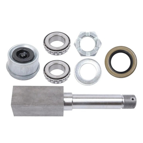 4 On 4 Inch Trailer Hub Kit With 1 Inch Square BT8 Spindle For 2000 Lb Axles Includes Inner And Outer L44643 Bearings Grease Seal Dust Cap Lug Nuts Spindle Nut And Spindle Washer For Easy Install And Long Lasting Durability displayed on white background