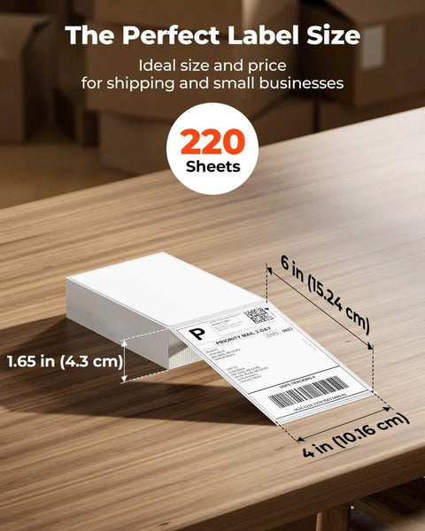 Stack of 4x6 direct thermal shipping labels 220 sheets per stack, on a table, showing dimensions and printed shipping label.