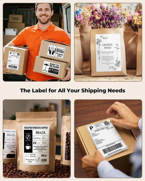 Collage featuring man holding packages with 4X6 Direct Thermal Shipping Labels For Rollo Jadens Nelko And DYMO 4XL, floral and coffee designs