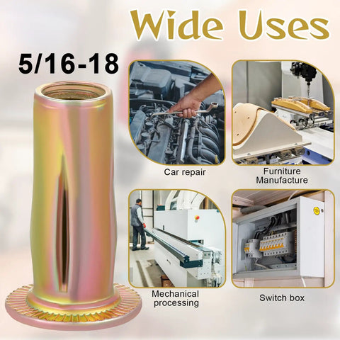 50 Pcs 5/16-18 Rivet Nuts Pro-Grade Multi-Grip Steel Threaded Inserts Zinc Plated For Metal And Plastic Applications, shown with uses in car repair, furniture manufacture, mechanical processing, and switch box.