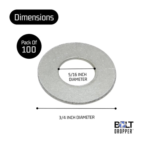 5 16th Inch Stainless Flat Washers Three Quarters Inch OD 304 Stainless 100 Pack dimensions with diameter details