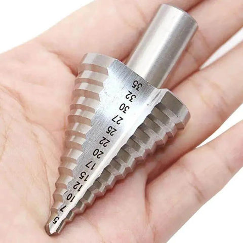 5-35MM High Speed Steel Step Drill Bit For Wood And Metal, HSS Drill Bit Set held in hand, showing size gradations.