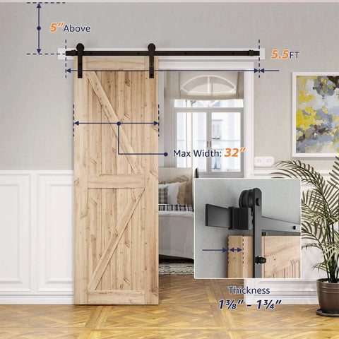 5.5ft Barn Door Hardware Kit with I shape hanger, heavy duty sliding door track with 32 inch max width and carbon steel components