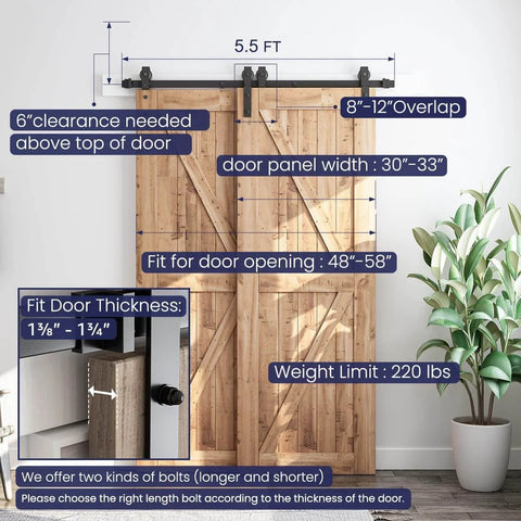 5.5 Feet Bypass Sliding Barn Door Hardware Kit for Double Wooden Doors with Single Track, size fit instructions and features displayed.
