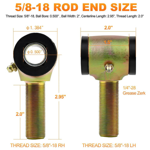 5/8-18 Heim Joint Rod End Kit, showing rod end size dimensions with chromoly rod ends, zinc plated carbon steel, with detailed measurements.