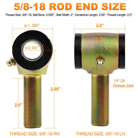 Diagram showing dimensions of 5/8-18 forged steel 4 bar rod end kit, left and right hand thread heim joints with 1/2 inch bore.