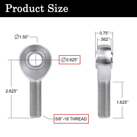 Dimensions of 5/8 Heim Joints Rod End Kit with Right and Left Hand Threads, .625 Chromoly Panhard Joints Set