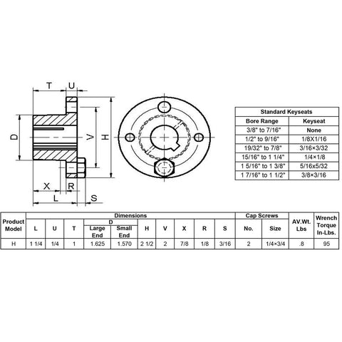 Technical diagram of Heavy Duty H Style 5/8 Inch Split Taper Bushing For Pulleys And Sheaves with dimensions and keyseat specifications.