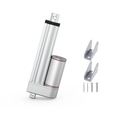 Electric linear actuator, 5.9-inch stroke, silver aluminum with two mounting brackets and screws