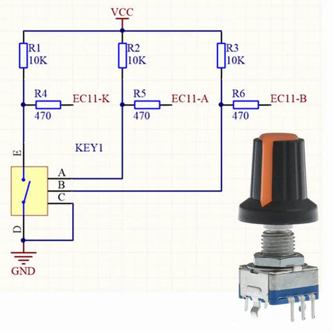 10 Pack 20mm 5 Pin 360 Degree Rotary Encoder Code Switch Digital Potentiometer With Push Button And Orange Knob Cap DIY Kit diagram