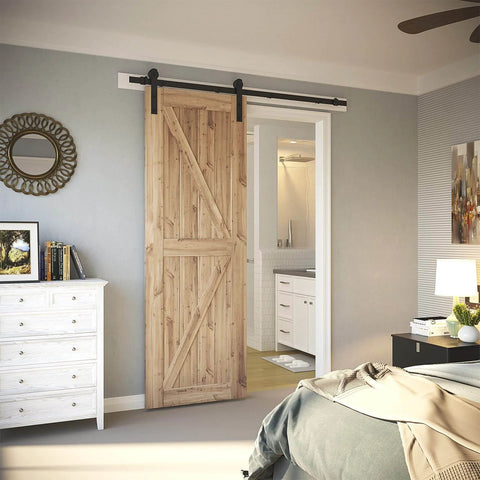 5.5ft Barn Door Hardware Kit with I shape hanger installed in a bedroom, heavy duty sliding door track with carbon steel, nylon rollers