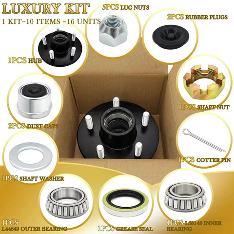 All-in-One 5 Bolt Trailer Hub Kit For 3500 Lb Axles With 4.5 Inch Hubs And 84 Spindle Includes Bearings Extra Dust Caps