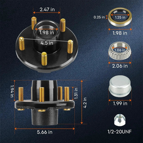 Trailer Idler Hub Kit 5 Bolt 4 Point 5 Inch Bolt Circle For One Inch To One And One Sixteenth Inch Spindles with parts dimensions.