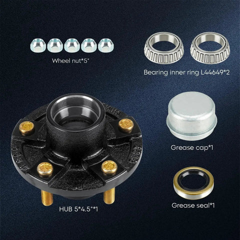 Trailer Idler Hub Kit 5 Bolt 4.5 Inch Bolt Circle For One Inch To One And One Sixteenth Inch Spindles 5 Lug Boat Trailer Hubs With L44649 Bearing Kit Works With Dexter Al Ko Lippert Quality And Rockwell Axles, includes wheel nuts, bearing rings, grease cap, and seal, shown disassembled