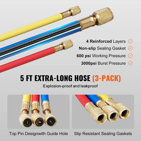 AC gauge set, 3-way manifold with 3-pack 5 ft hoses, color-coded red blue yellow, brass fittings