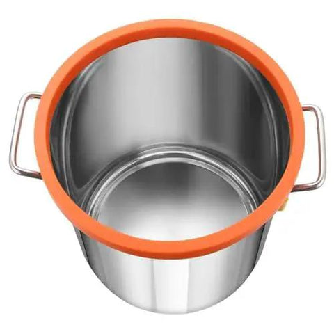 Top view of stainless steel 5-gallon vacuum chamber with orange seal, part of All In One 5 Gallon Vacuum Chamber Kit For Wood Stabilization And Resin Degassing With A 3.5 CFM Single Stage Vacuum Pump 40 Micron Vacuum And Tempered Glass Lid Pure Copper Motor Check Valve Diy Friendly Setup For Woodworking Hobbyists By VEVOR.