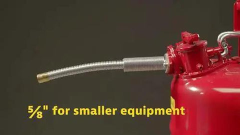 Close-up of 5 Gallon Diesel Safety Can With Flame Arrester Self Closing Lid Flexible Five Eighth Inch Metal Spout Type II Flammable Storage