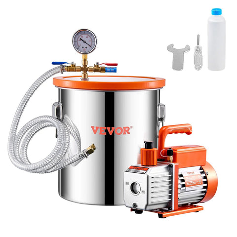VEVOR 5-gallon stainless steel vacuum chamber with orange lid and compact pump; gauge and coiled hose