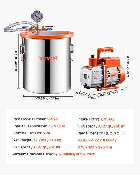 VEVOR 5 Gallon stainless steel vacuum chamber with acrylic lid and 3.5 CFM single‑stage pump kit for resin degassing