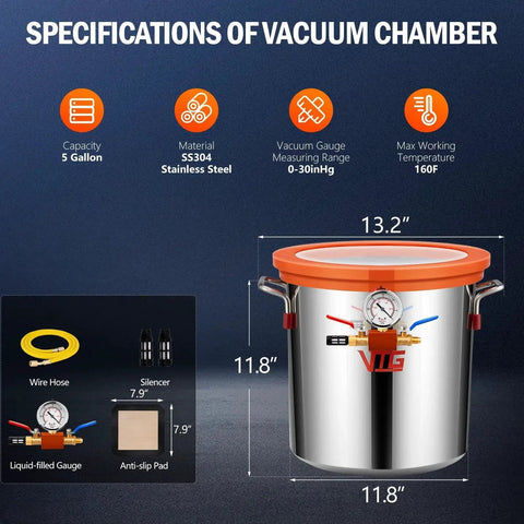 Pro Grade 3 Gallon Vacuum Chamber Kit With 4.5 CFM One Third HP Vacuum Pump In 304 Stainless Steel for resin degassing